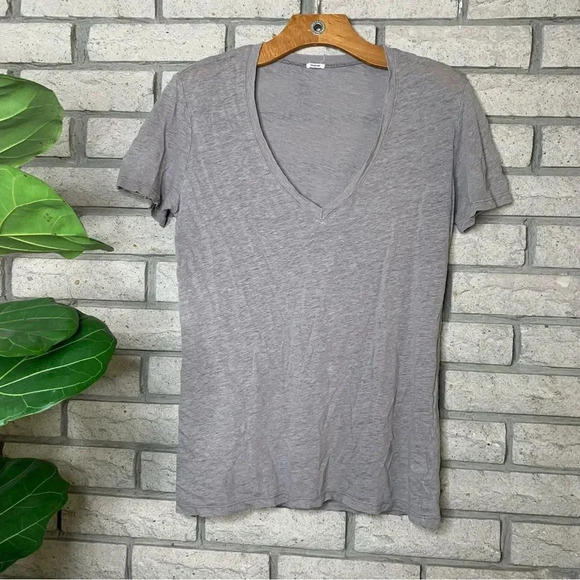 Monrow Oversized Linen V Neck Tee Shirt Top - Picture 2 of 8